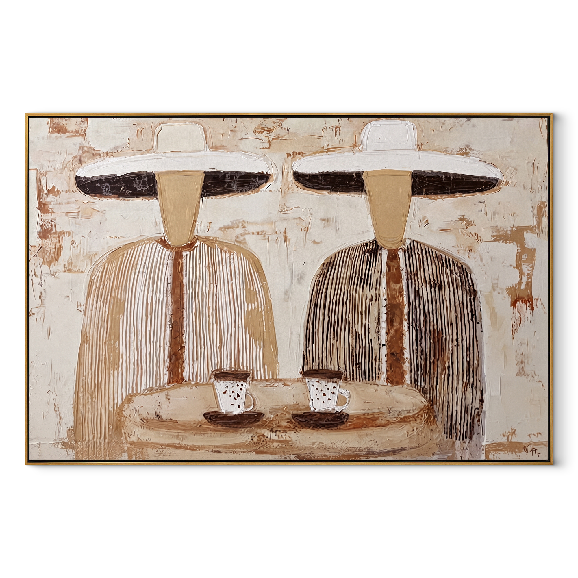 White Hats Share Coffee - striped coffee pair painting by Elliot Vale, modern figurative horizontal wall art - wood frame on white background