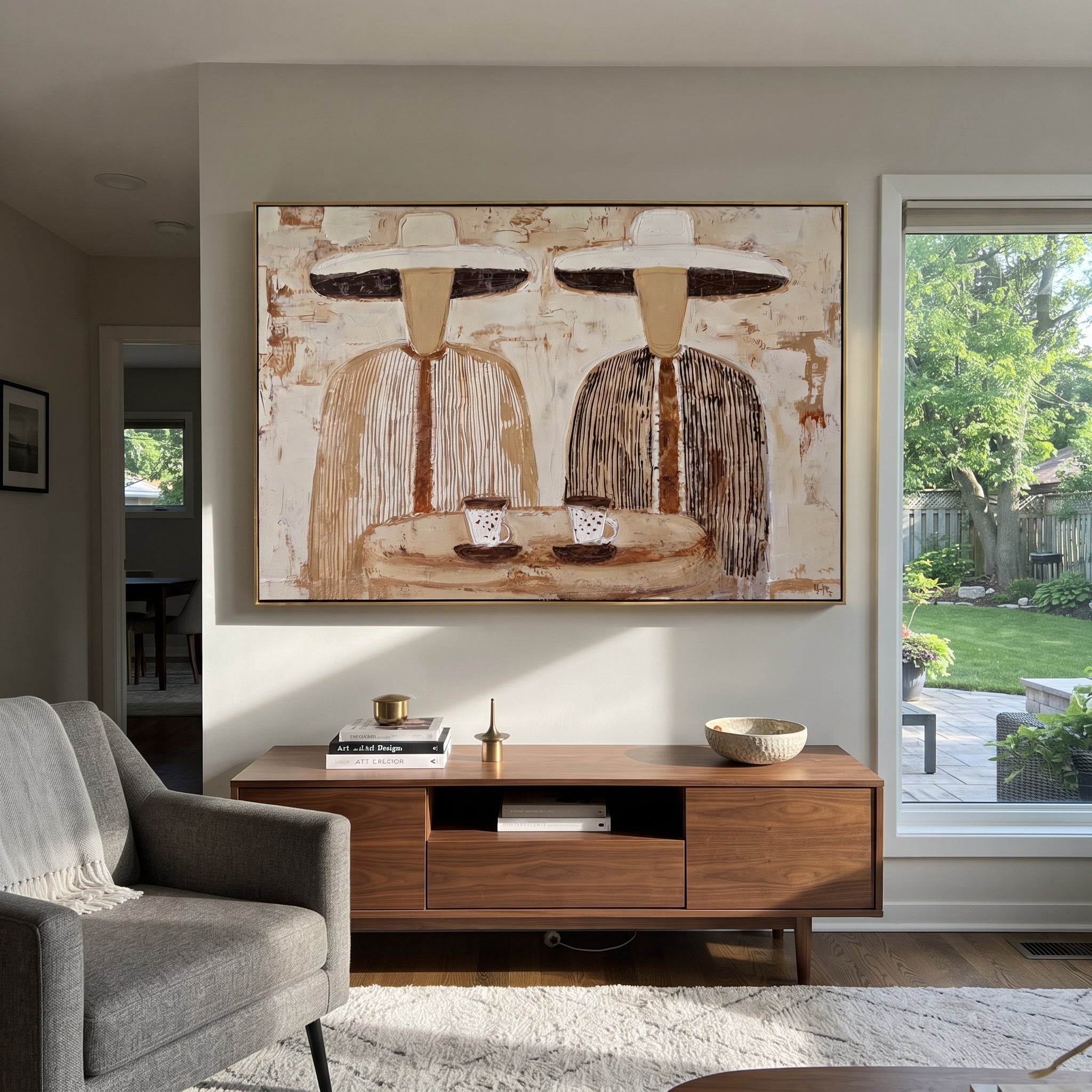 White Hats Share Coffee - striped coffee pair painting by Elliot Vale, modern figurative horizontal wall art - styled room scene view 5