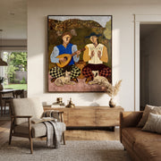 Two Guitars Calm Dogs - musician dog pair painting by Elliot Vale, modern figurative vertical wall art - styled room scene view 1