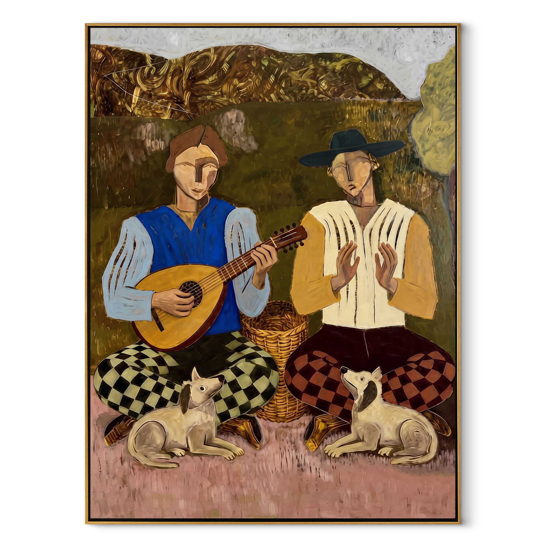 Two Guitars Calm Dogs - musician dog pair painting by Elliot Vale, modern figurative vertical wall art - wood frame on white background