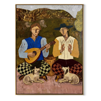 Two Guitars Calm Dogs - musician dog pair painting by Elliot Vale, modern figurative vertical wall art - wood frame on white background