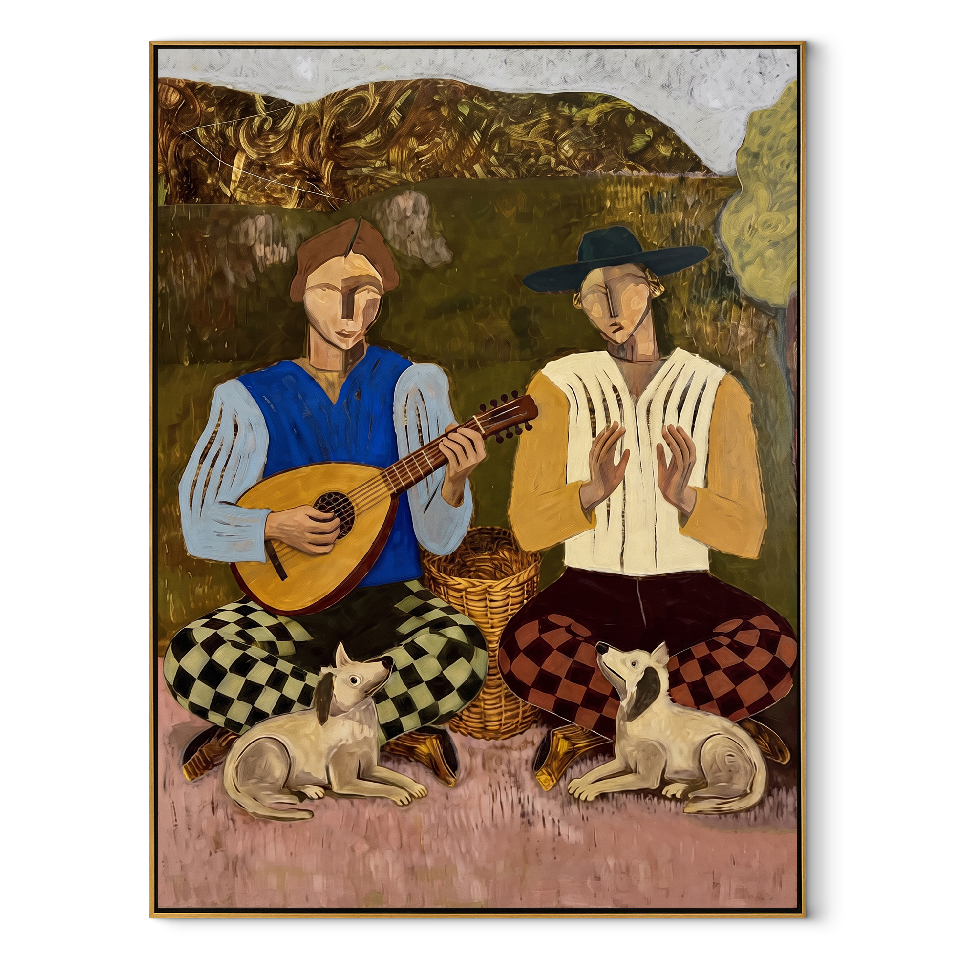 Two Guitars Calm Dogs - musician dog pair painting by Elliot Vale, modern figurative vertical wall art - wood frame on white background