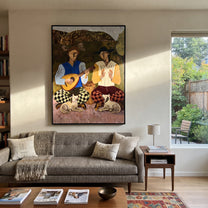 Two Guitars Calm Dogs - musician dog pair painting by Elliot Vale, modern figurative vertical wall art - styled room scene view 2