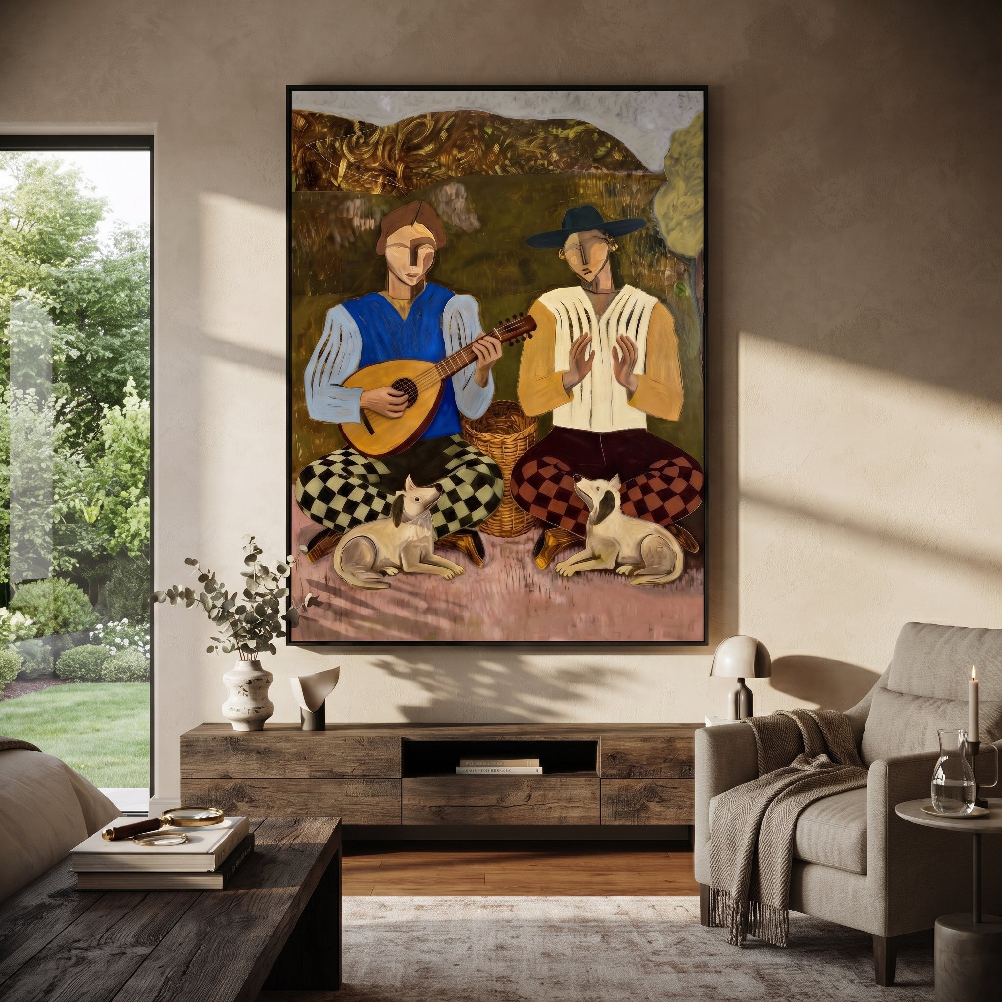 Two Guitars Calm Dogs - musician dog pair painting by Elliot Vale, modern figurative vertical wall art - styled room scene view 3