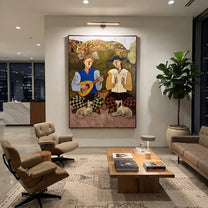 Two Guitars Calm Dogs - musician dog pair painting by Elliot Vale, modern figurative vertical wall art - styled room scene view 4