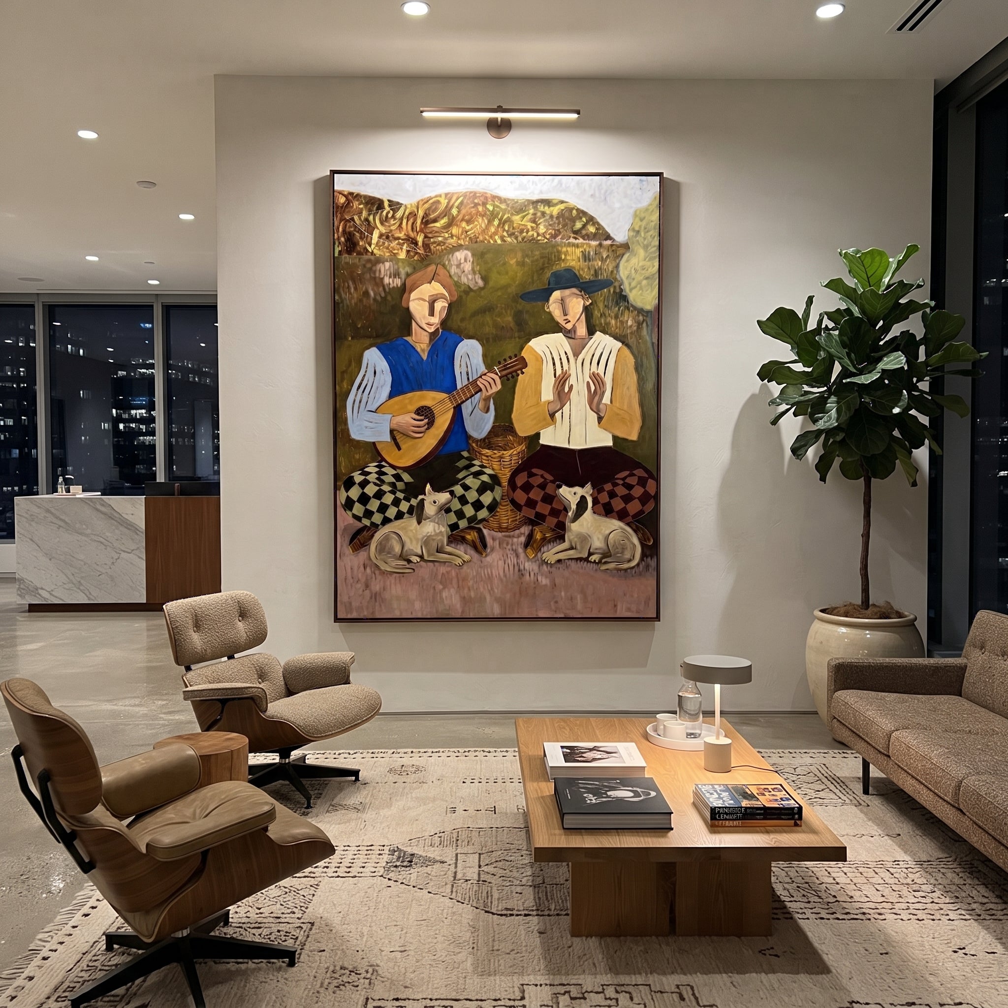 Two Guitars Calm Dogs - musician dog pair painting by Elliot Vale, modern figurative vertical wall art - styled room scene view 4