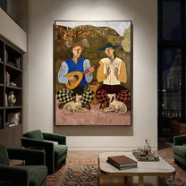 Two Guitars Calm Dogs - musician dog pair painting by Elliot Vale, modern figurative vertical wall art - styled room scene view 5