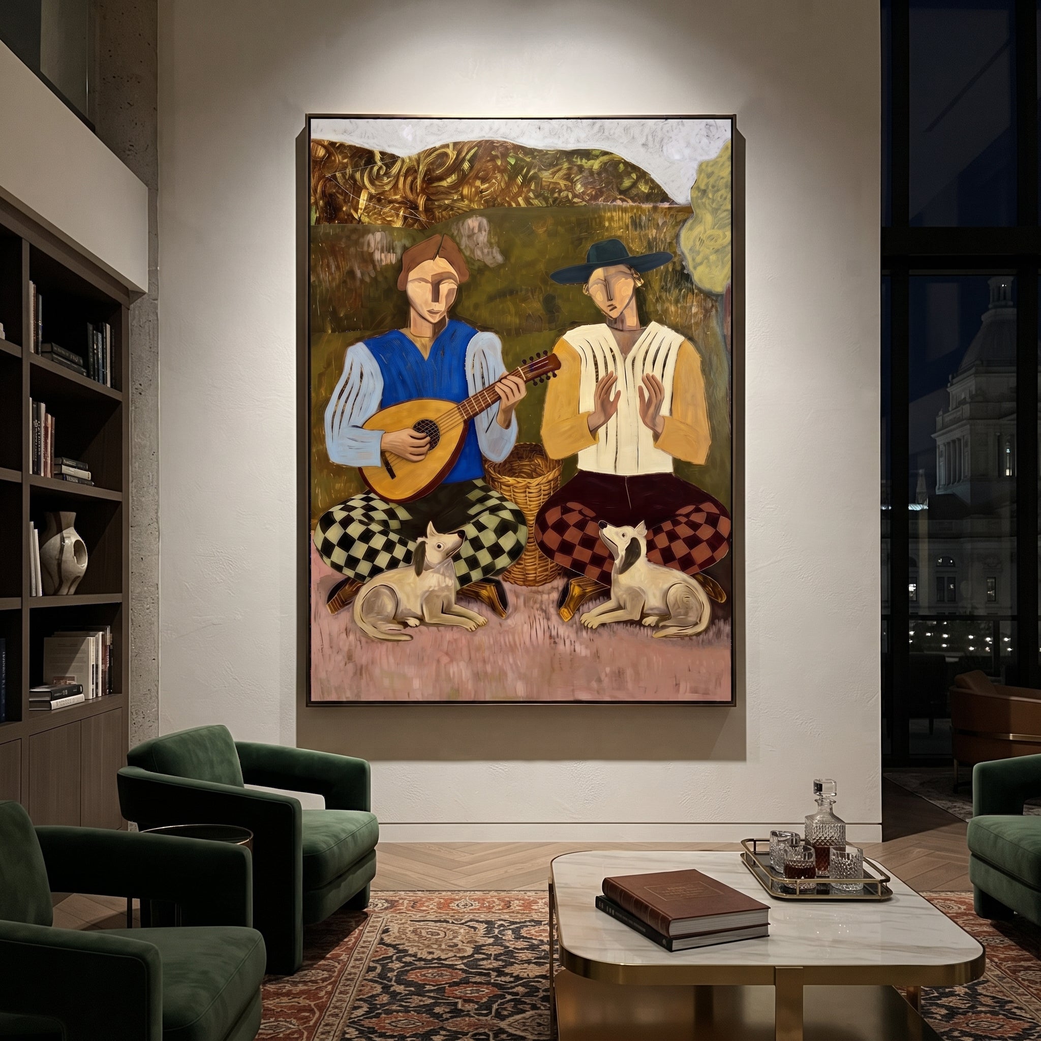 Two Guitars Calm Dogs - musician dog pair painting by Elliot Vale, modern figurative vertical wall art - styled room scene view 5