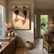 White Hats Frame Faces - long neck figure pair painting by Elliot Vale, modern figurative vertical wall art - styled room scene view 1