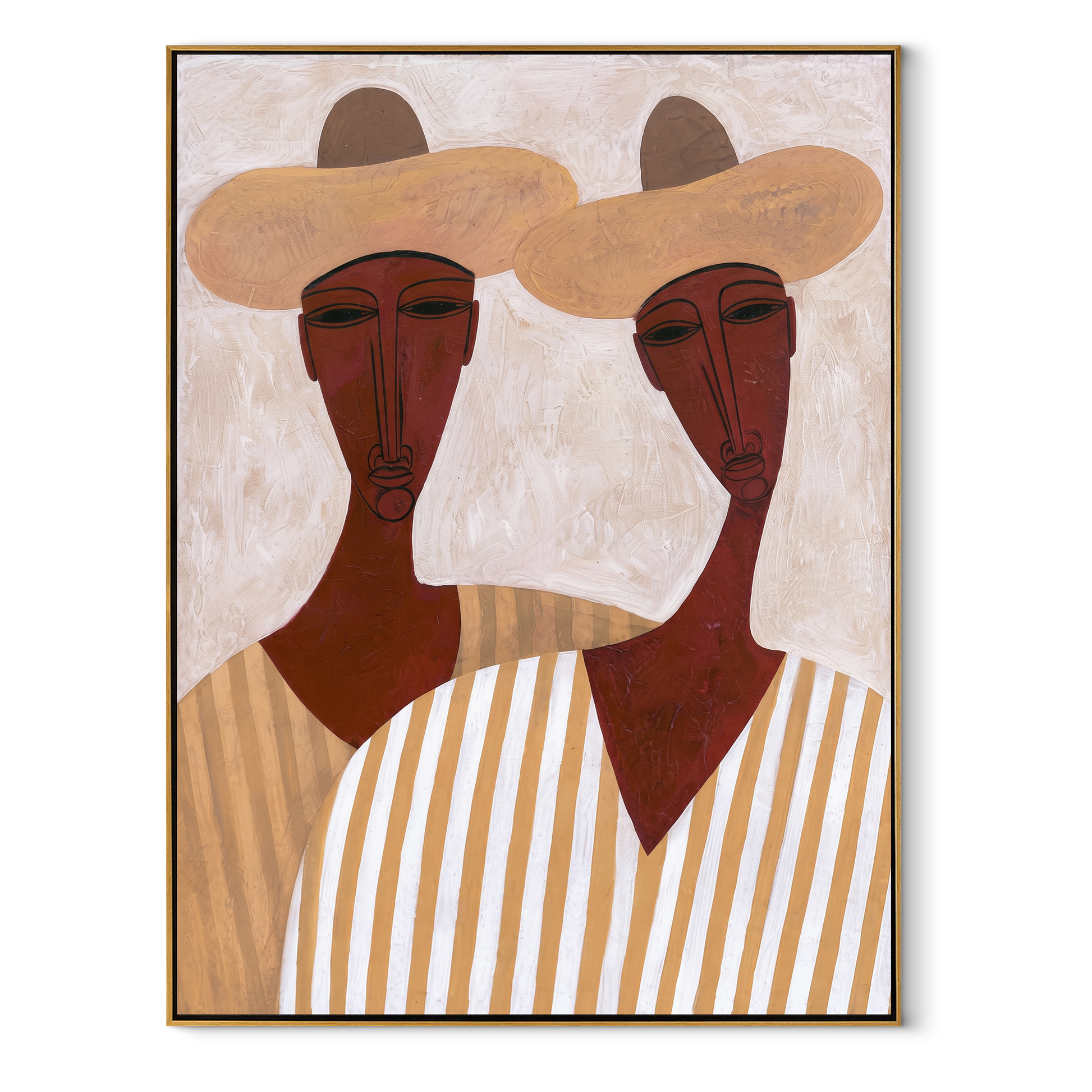 White Hats Frame Faces - long neck figure pair painting by Elliot Vale, modern figurative vertical wall art - wood frame on white background
