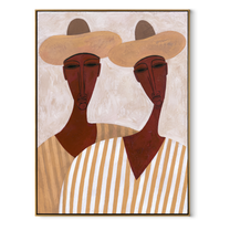 White Hats Frame Faces - long neck figure pair painting by Elliot Vale, modern figurative vertical wall art - wood frame on white background