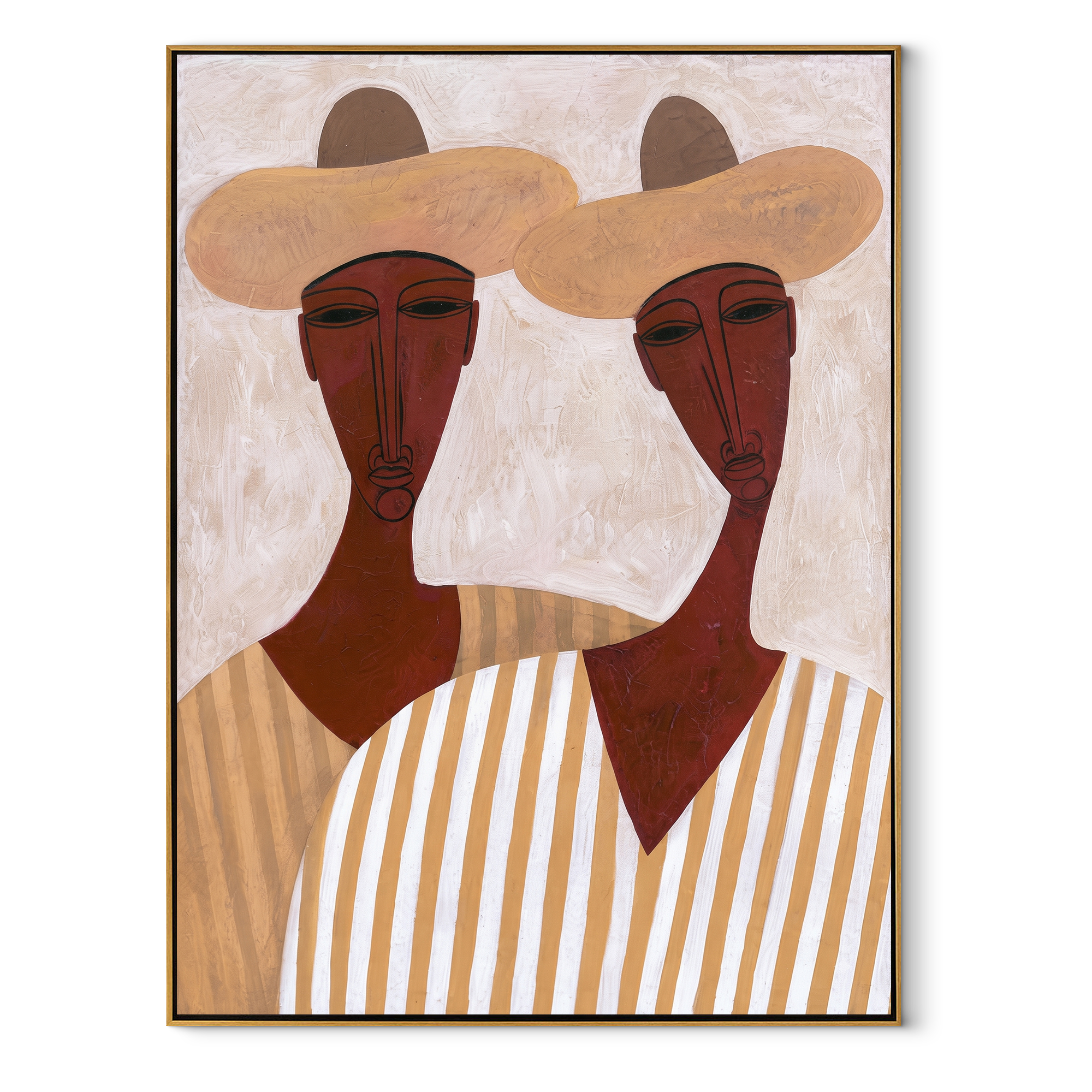 White Hats Frame Faces - long neck figure pair painting by Elliot Vale, modern figurative vertical wall art - wood frame on white background