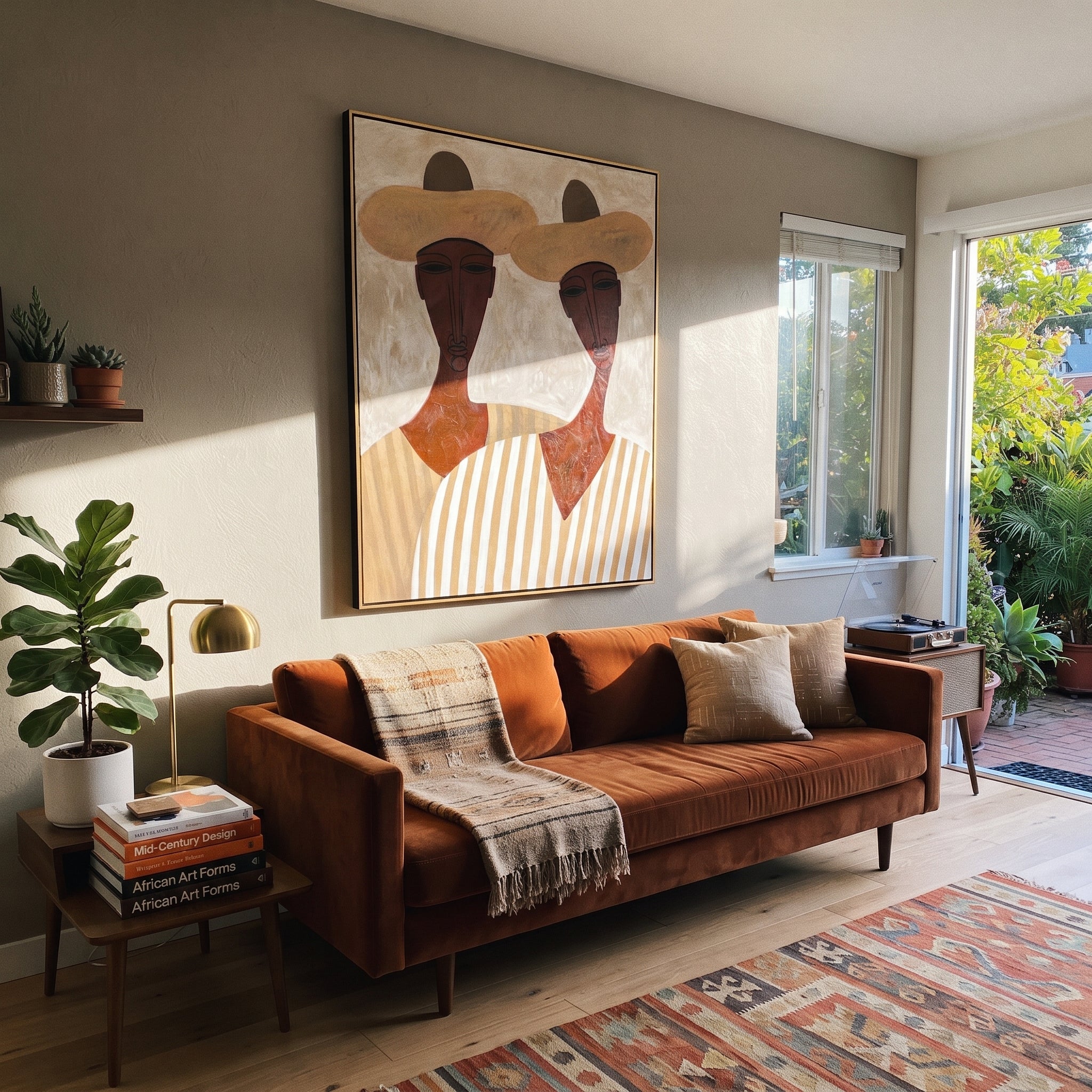 White Hats Frame Faces - long neck figure pair painting by Elliot Vale, modern figurative vertical wall art - styled room scene view 2