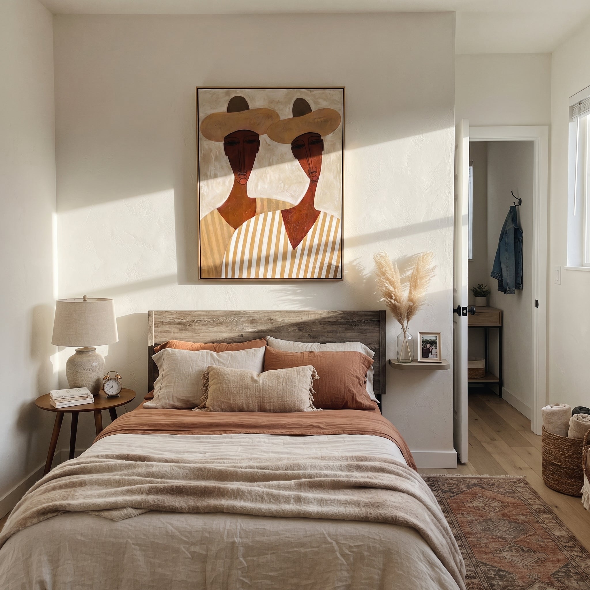White Hats Frame Faces - long neck figure pair painting by Elliot Vale, modern figurative vertical wall art - styled room scene view 4