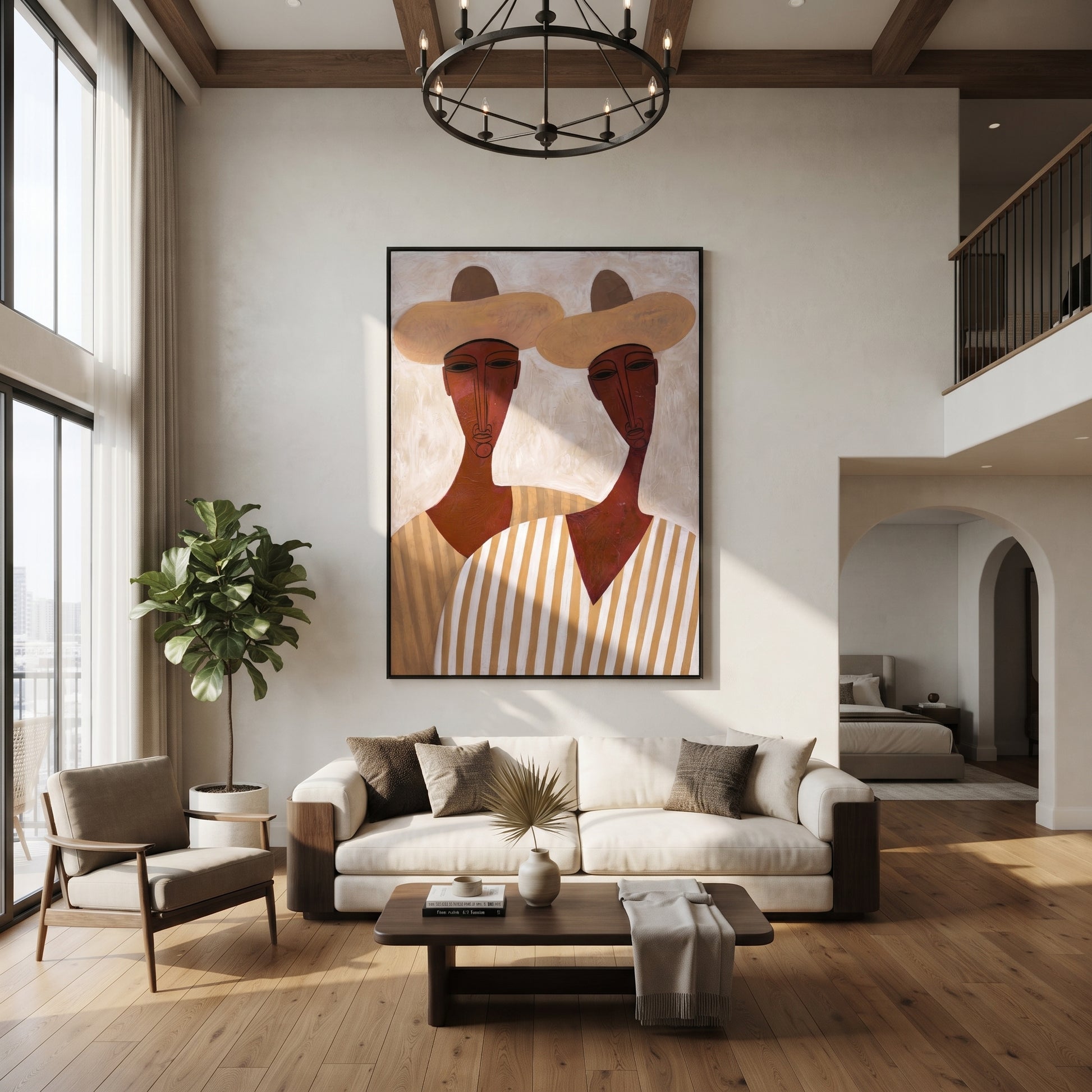 White Hats Frame Faces - long neck figure pair painting by Elliot Vale, modern figurative vertical wall art - styled room scene view 5