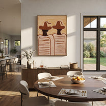 Brown Hats Hold Lines - minimal striped figure pair painting by Elliot Vale, modern figurative vertical wall art - styled room scene view 1