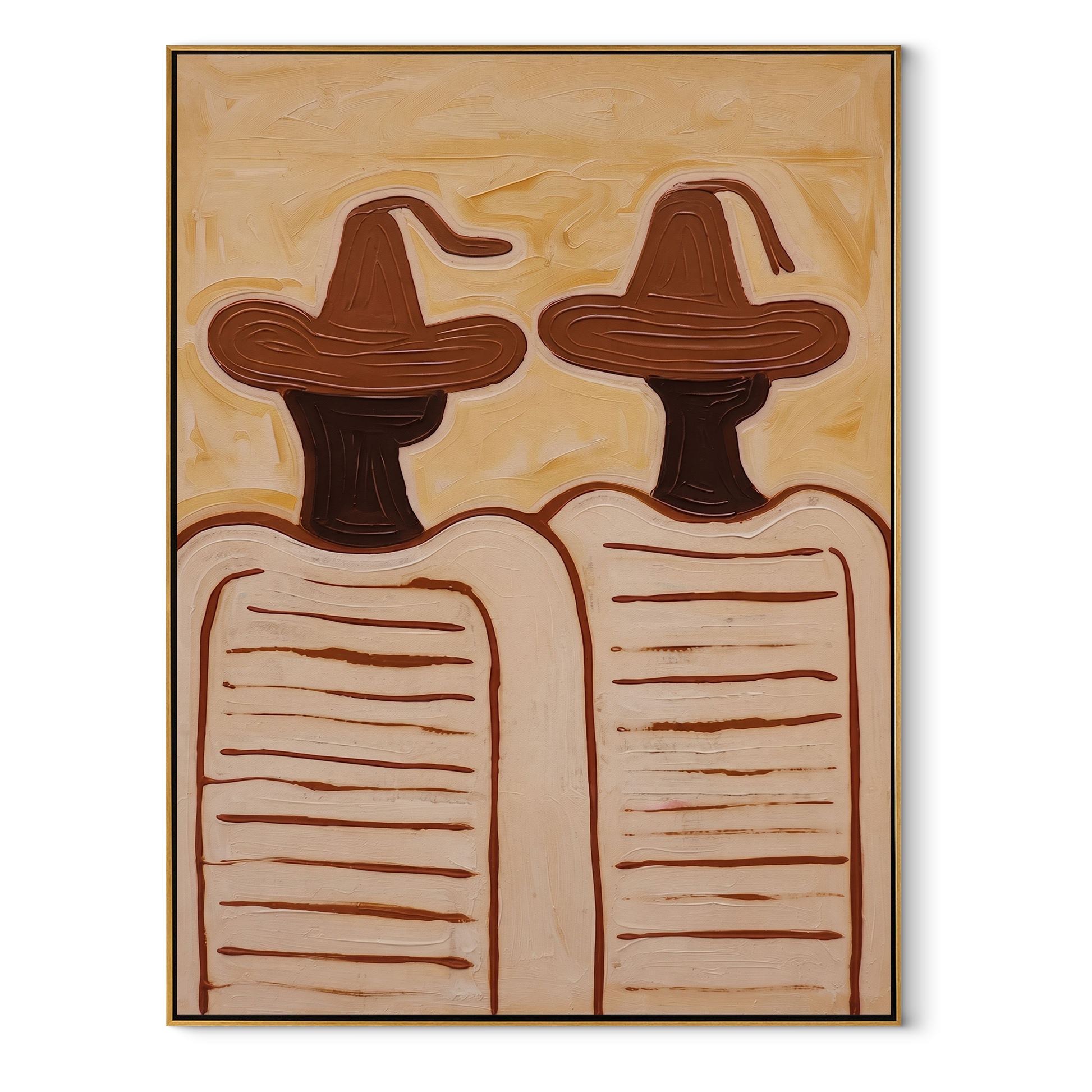 Brown Hats Hold Lines - minimal striped figure pair painting by Elliot Vale, modern figurative vertical wall art - wood frame on white background