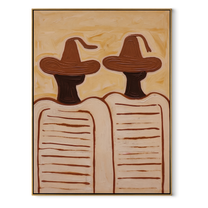 Brown Hats Hold Lines - minimal striped figure pair painting by Elliot Vale, modern figurative vertical wall art - wood frame on white background
