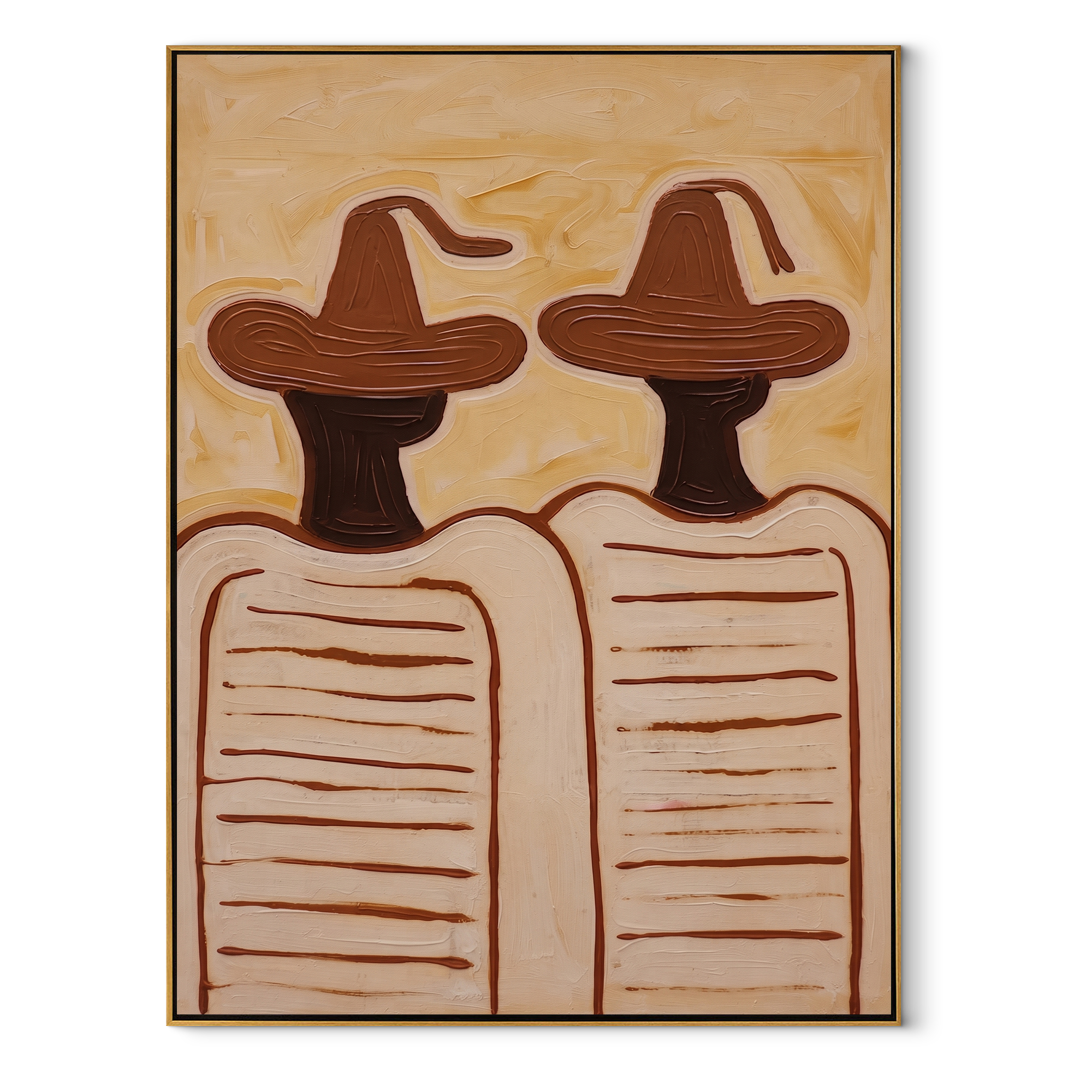 Brown Hats Hold Lines - minimal striped figure pair painting by Elliot Vale, modern figurative vertical wall art - wood frame on white background