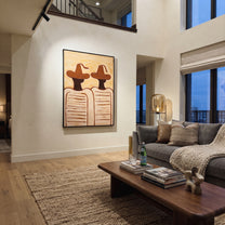Brown Hats Hold Lines - minimal striped figure pair painting by Elliot Vale, modern figurative vertical wall art - styled room scene view 2