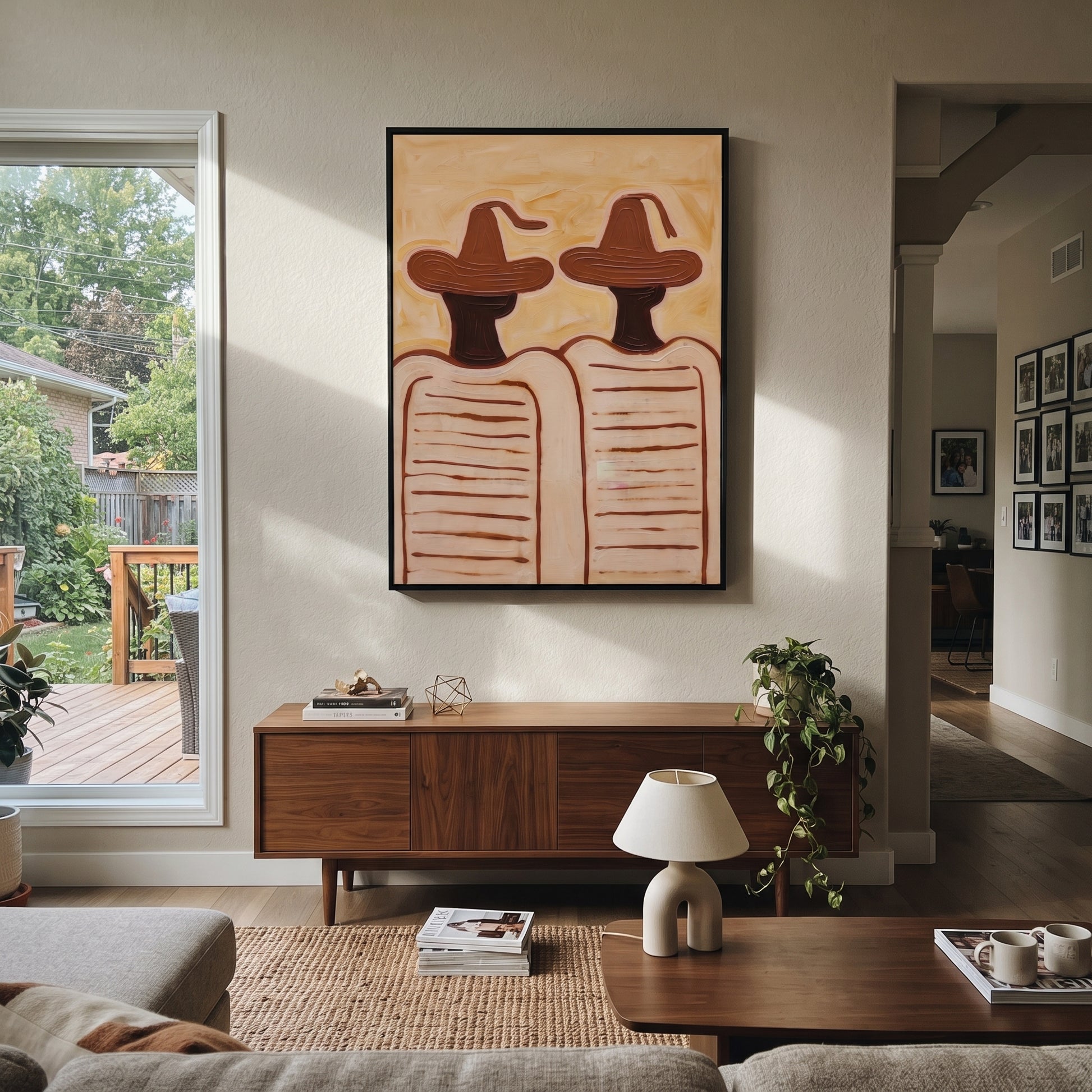Brown Hats Hold Lines - minimal striped figure pair painting by Elliot Vale, modern figurative vertical wall art - styled room scene view 3