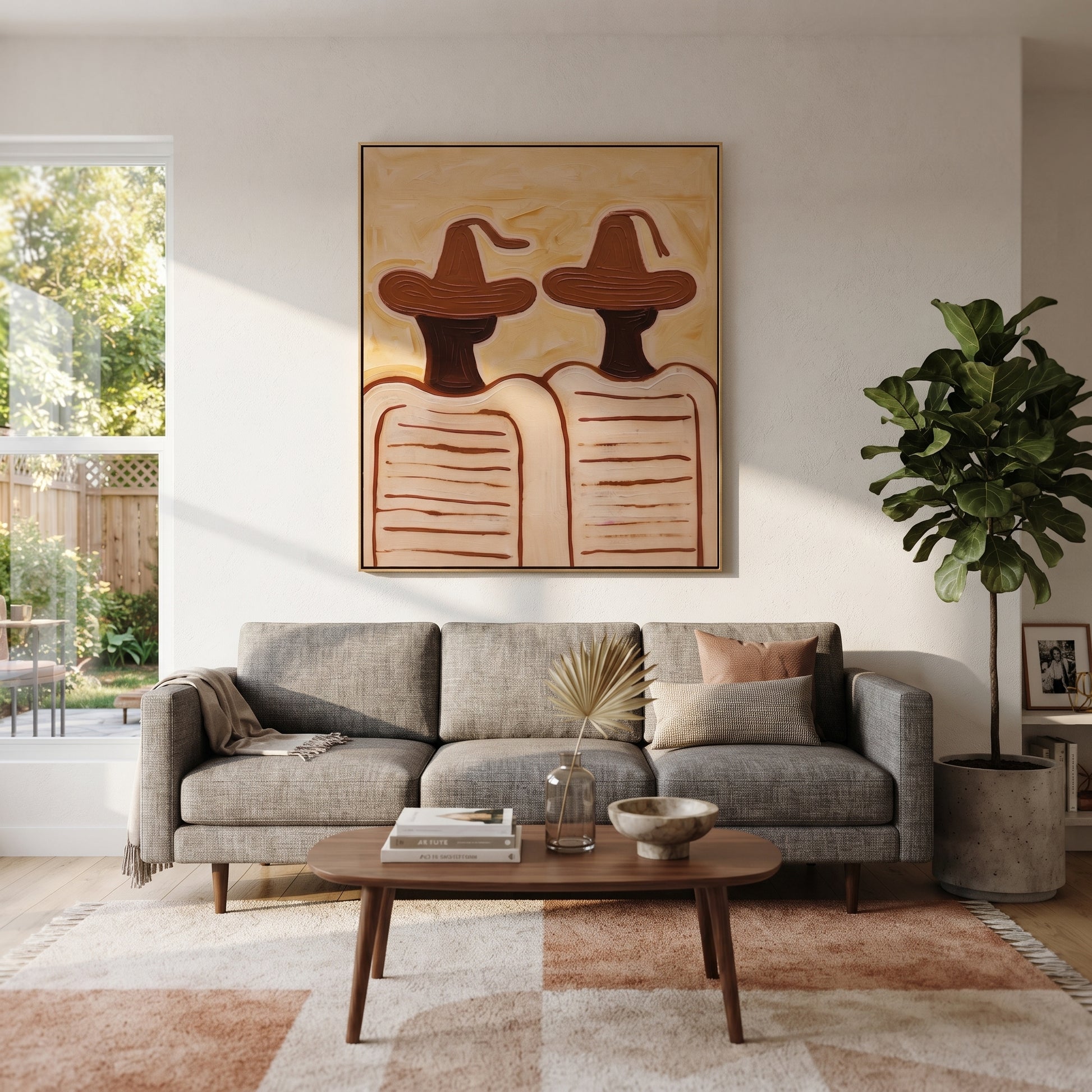 Brown Hats Hold Lines - minimal striped figure pair painting by Elliot Vale, modern figurative vertical wall art - styled room scene view 4