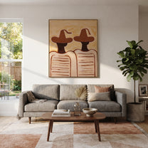 Brown Hats Hold Lines - minimal striped figure pair painting by Elliot Vale, modern figurative vertical wall art - styled room scene view 4