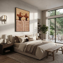 Brown Hats Hold Lines - minimal striped figure pair painting by Elliot Vale, modern figurative vertical wall art - styled room scene view 5