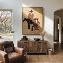 Two Cowboys Keep Watch - cowboy horse companion painting by Elliot Vale, modern figurative vertical wall art - styled room scene view 1
