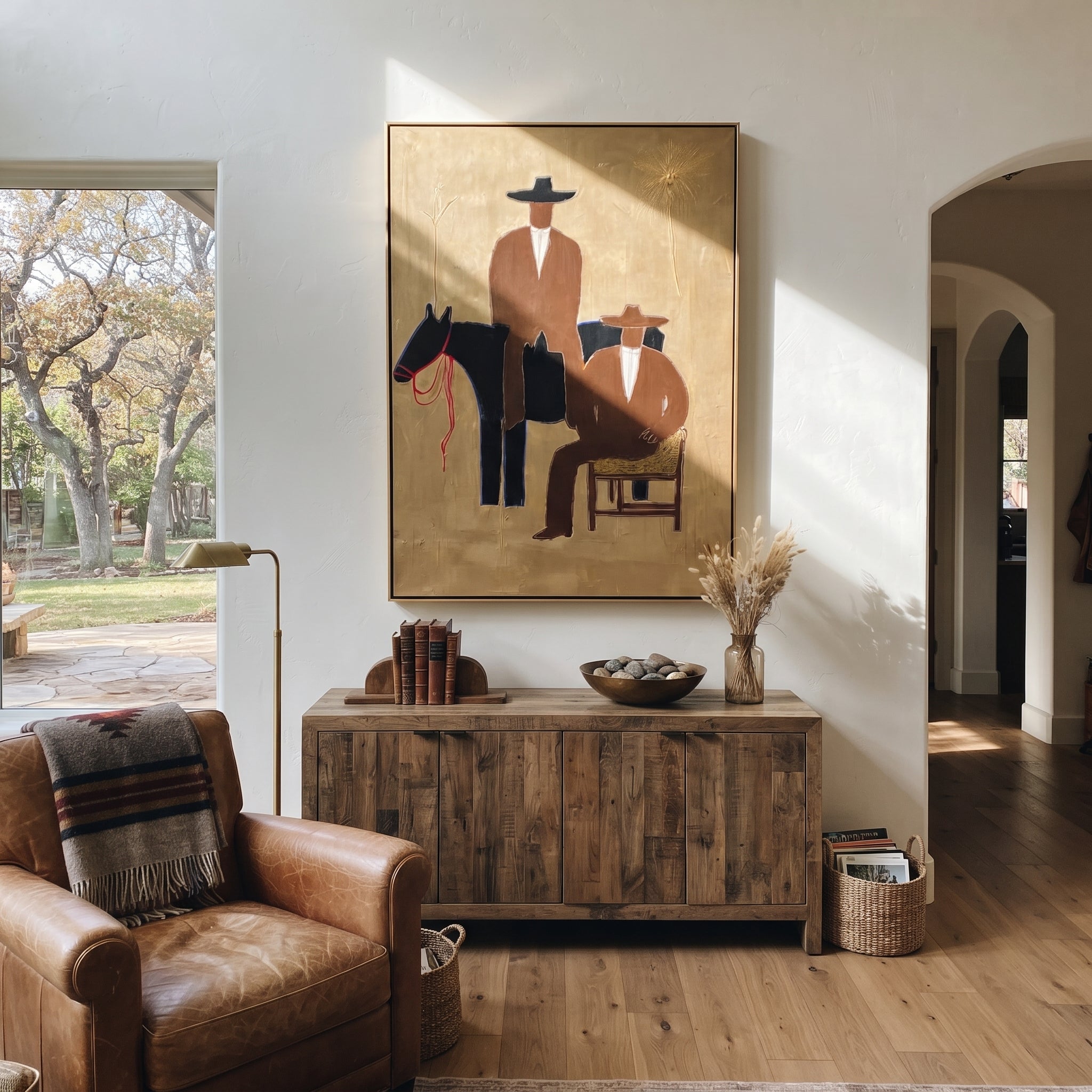 Two Cowboys Keep Watch - cowboy horse companion painting by Elliot Vale, modern figurative vertical wall art - styled room scene view 1