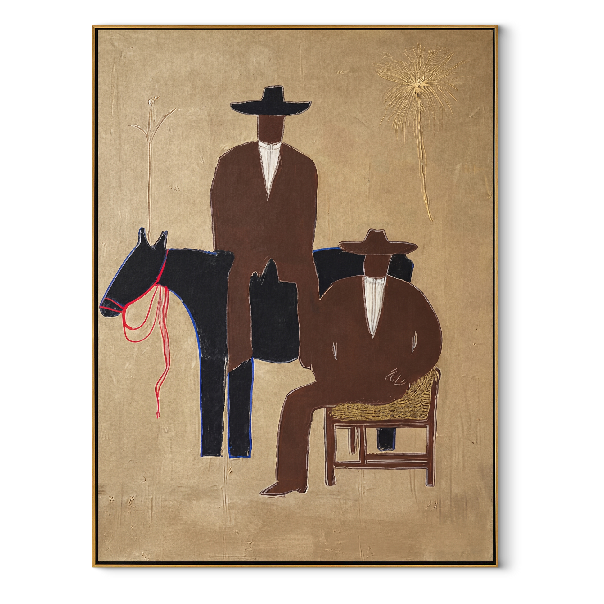 Two Cowboys Keep Watch - cowboy horse companion painting by Elliot Vale, modern figurative vertical wall art - wood frame on white background