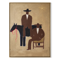 Two Cowboys Keep Watch - cowboy horse companion painting by Elliot Vale, modern figurative vertical wall art - wood frame on white background
