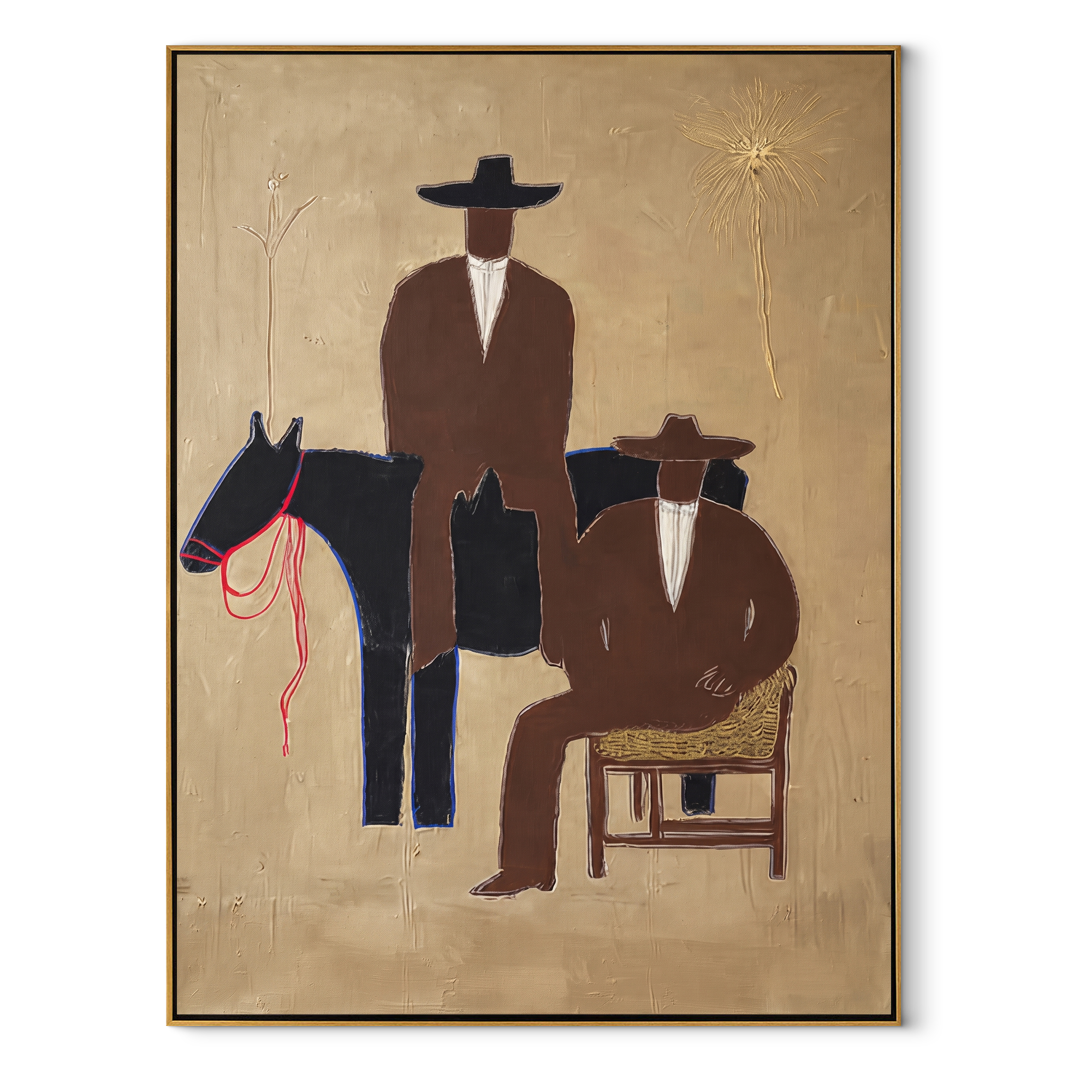 Two Cowboys Keep Watch - cowboy horse companion painting by Elliot Vale, modern figurative vertical wall art - wood frame on white background