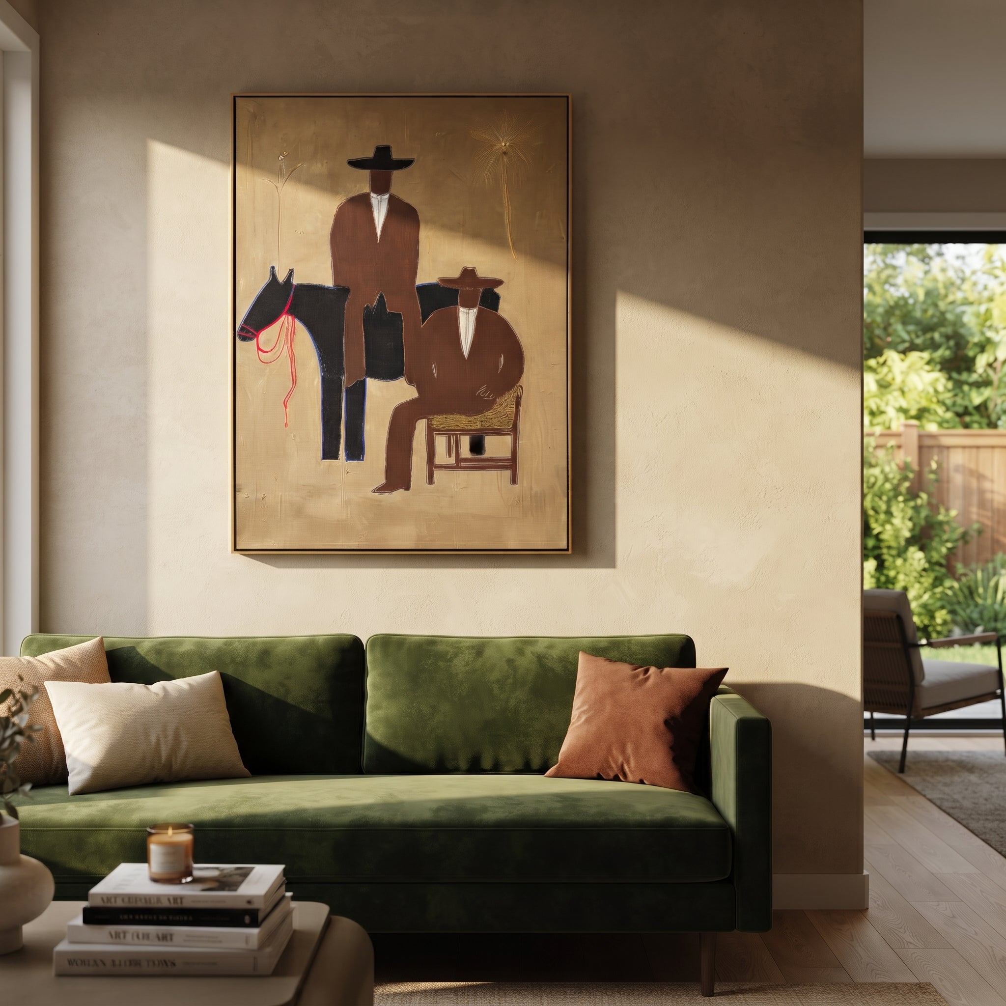 Two Cowboys Keep Watch - cowboy horse companion painting by Elliot Vale, modern figurative vertical wall art - styled room scene view 2
