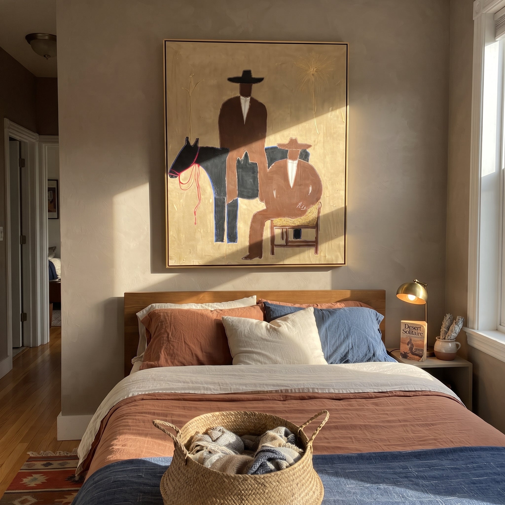 Two Cowboys Keep Watch - cowboy horse companion painting by Elliot Vale, modern figurative vertical wall art - styled room scene view 3
