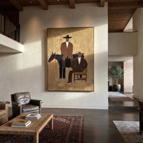 Two Cowboys Keep Watch - cowboy horse companion painting by Elliot Vale, modern figurative vertical wall art - styled room scene view 4