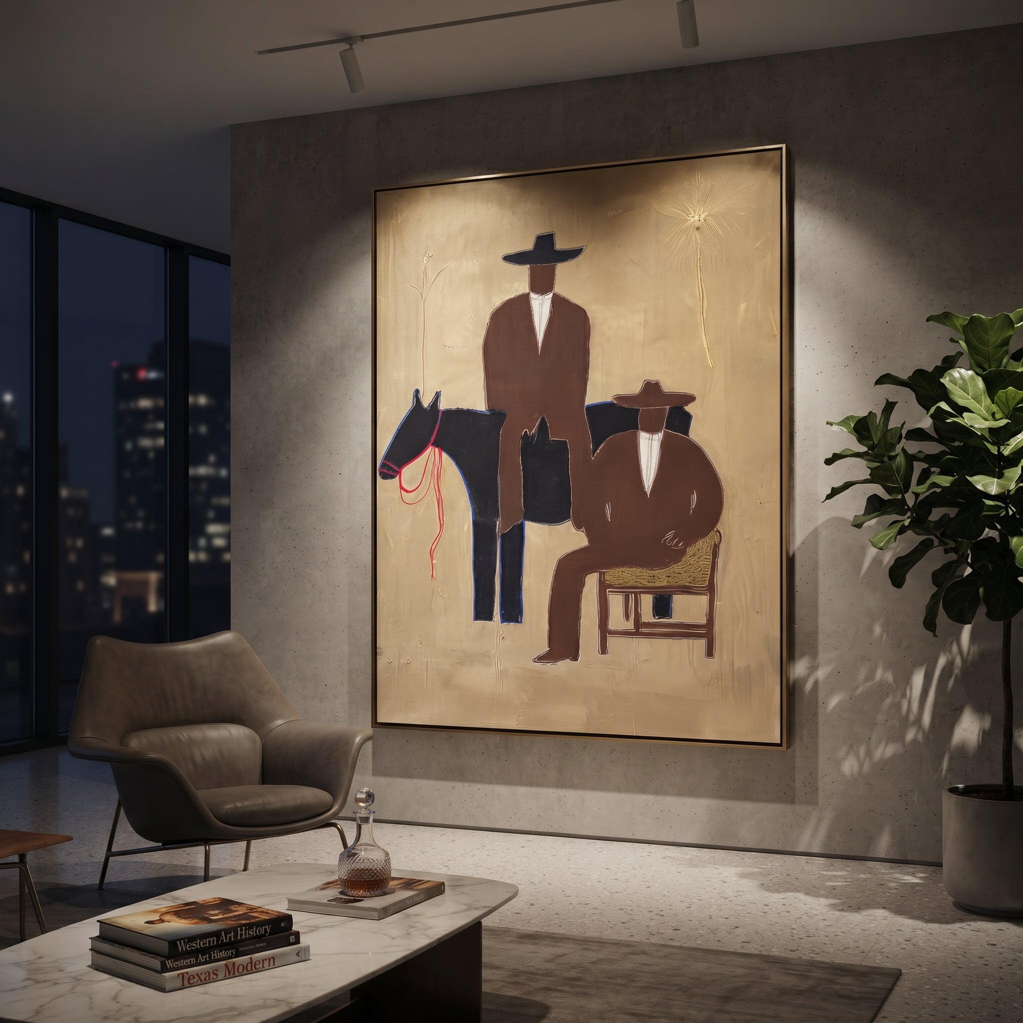 Two Cowboys Keep Watch - cowboy horse companion painting by Elliot Vale, modern figurative vertical wall art - styled room scene view 5