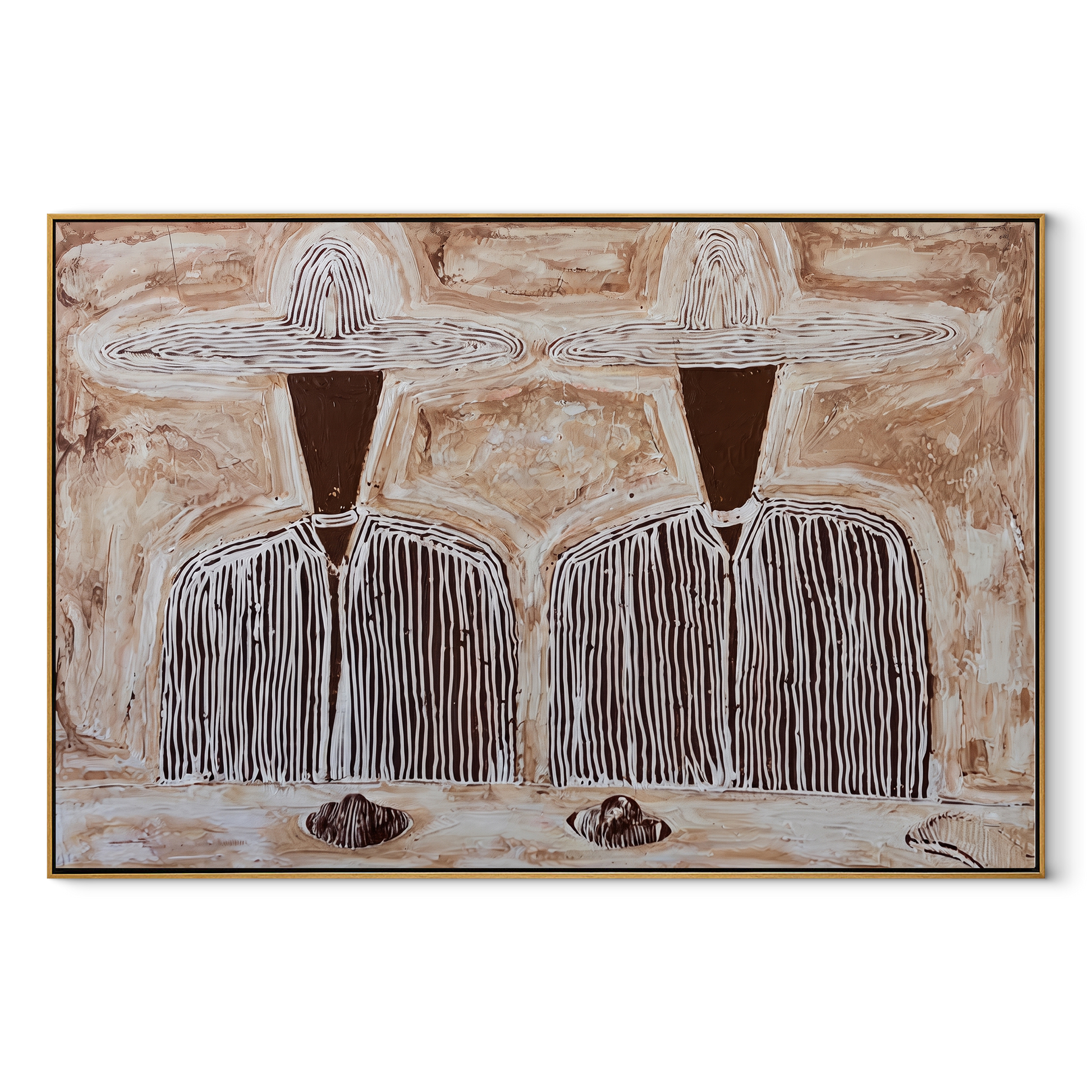 White Hats Share Footing - striped standing pair painting by Elliot Vale, modern figurative horizontal wall art - wood frame on white background