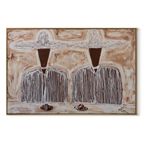 White Hats Share Footing - striped standing pair painting by Elliot Vale, modern figurative horizontal wall art - wood frame on white background