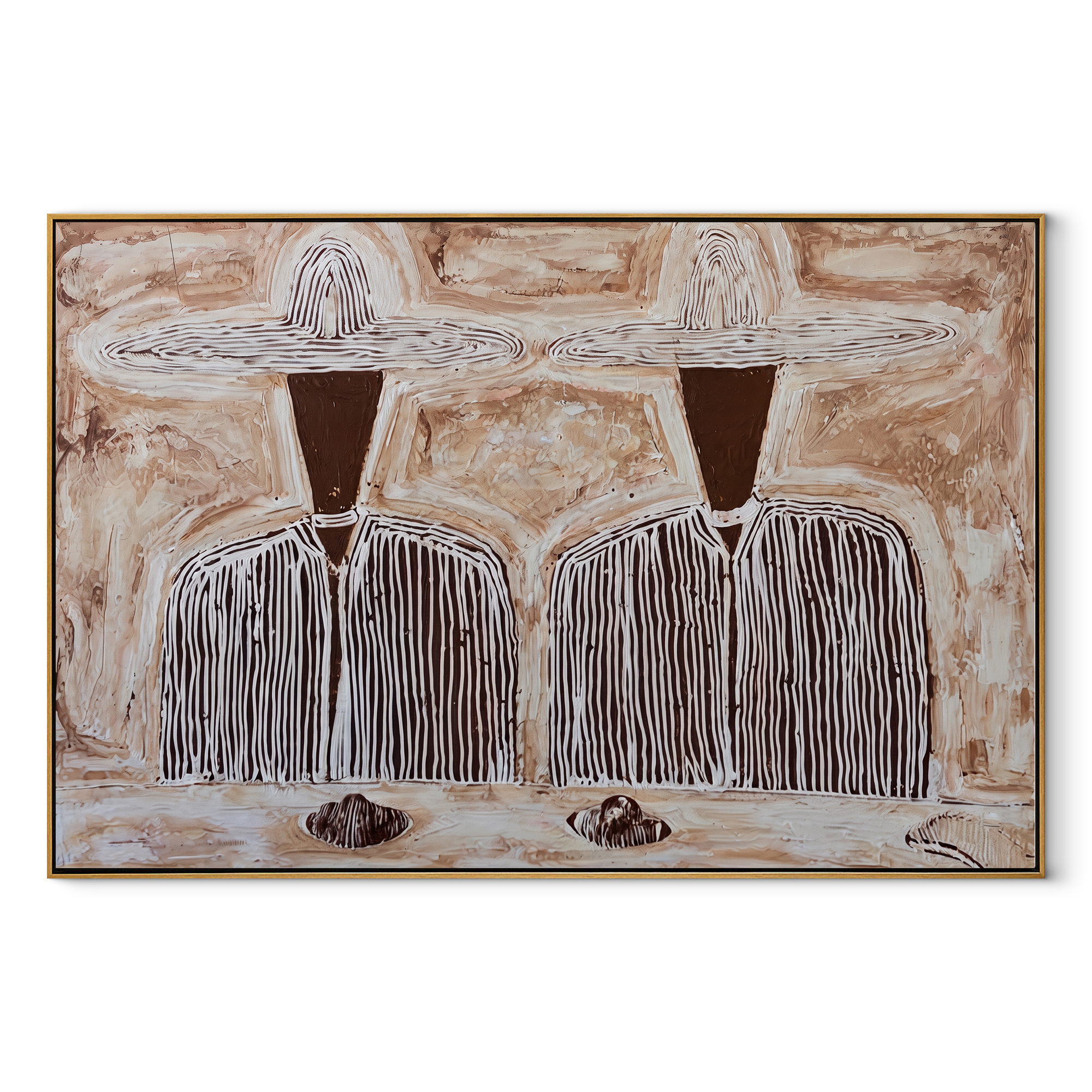 White Hats Share Footing - striped standing pair painting by Elliot Vale, modern figurative horizontal wall art - wood frame on white background