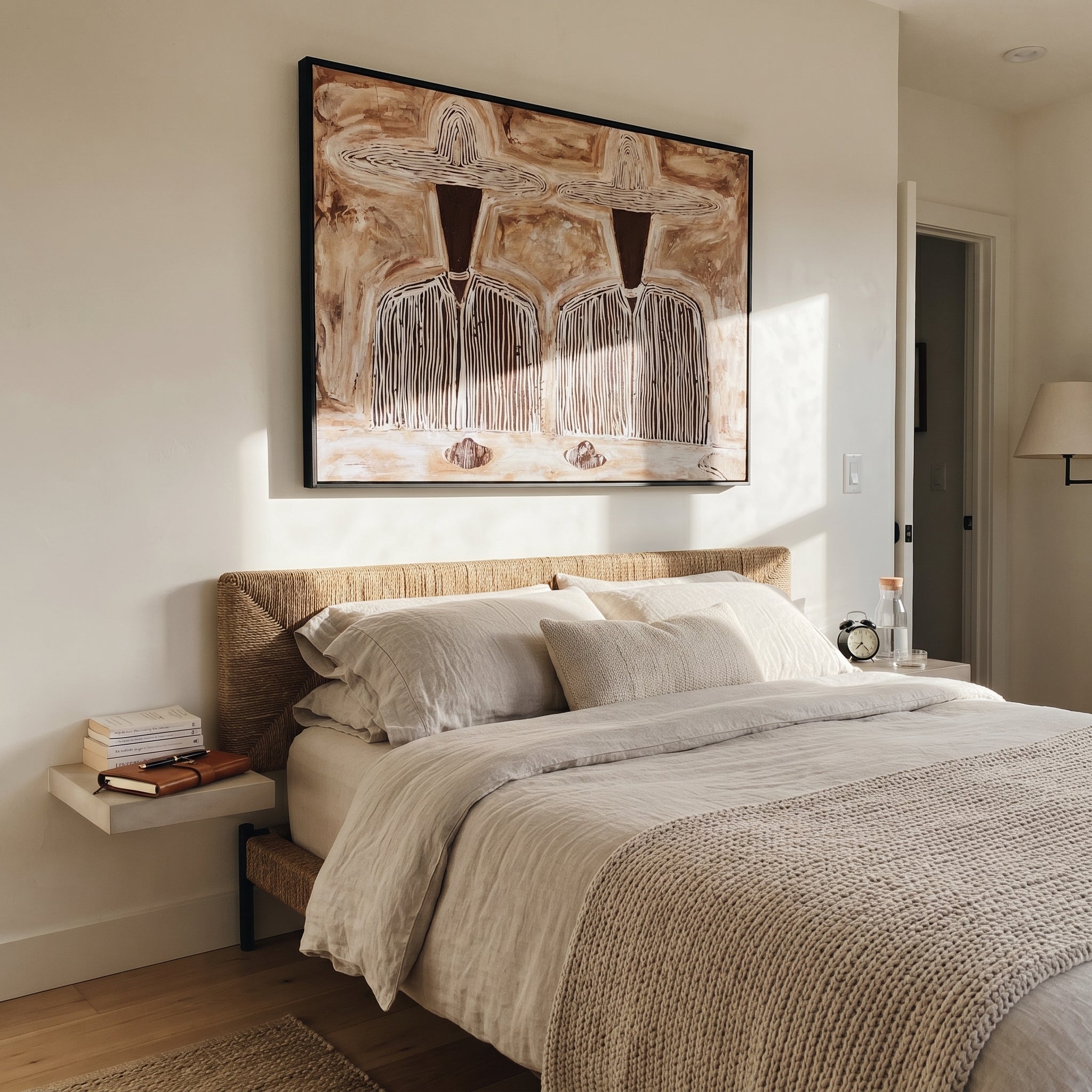 White Hats Share Footing - striped standing pair painting by Elliot Vale, modern figurative horizontal wall art - styled room scene view 4