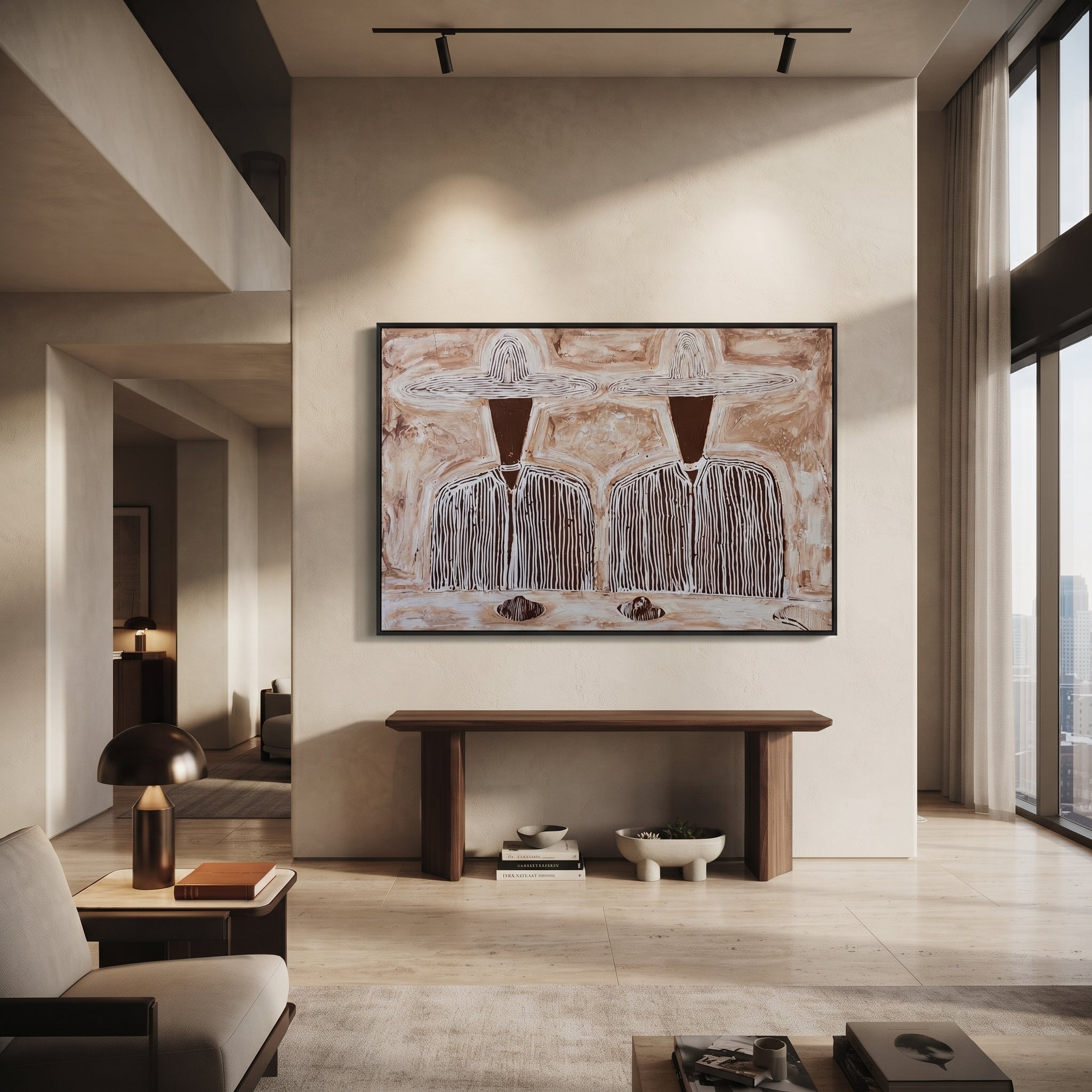 White Hats Share Footing - striped standing pair painting by Elliot Vale, modern figurative horizontal wall art - styled room scene view 5