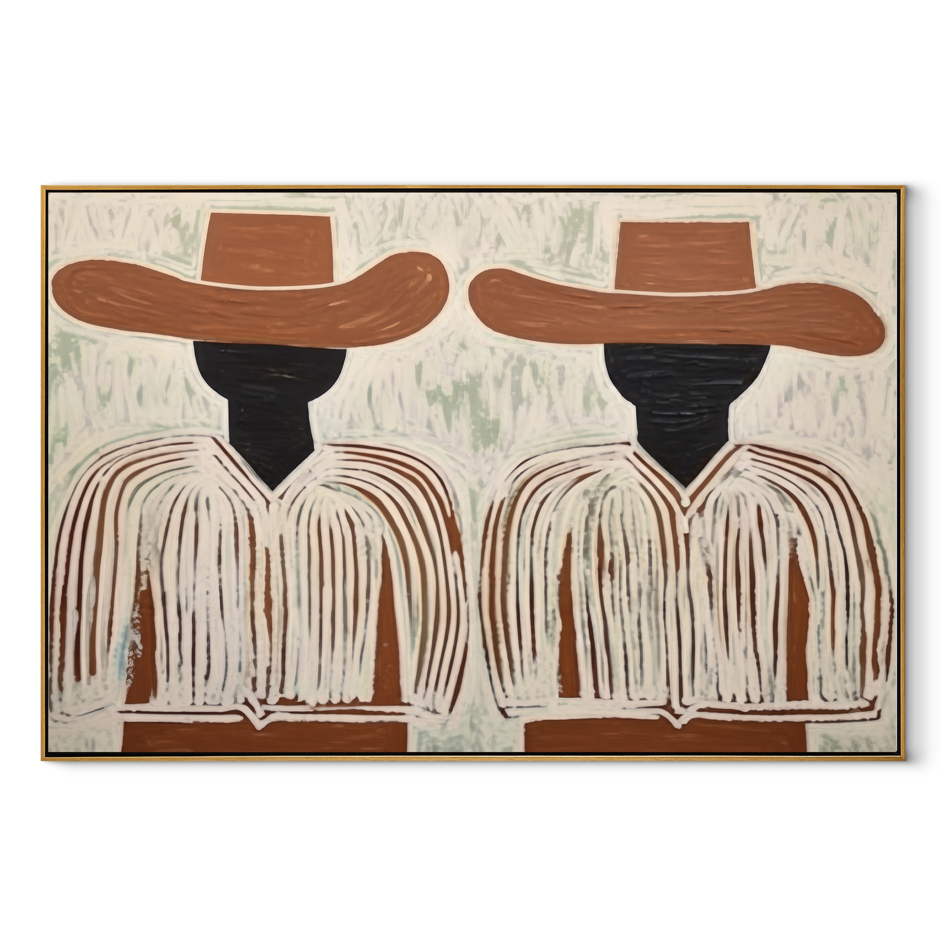 Brown Brims Hold Shadows - dark face figure pair painting by Elliot Vale, modern figurative horizontal wall art - wood frame on white background