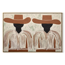 Brown Brims Hold Shadows - dark face figure pair painting by Elliot Vale, modern figurative horizontal wall art - wood frame on white background