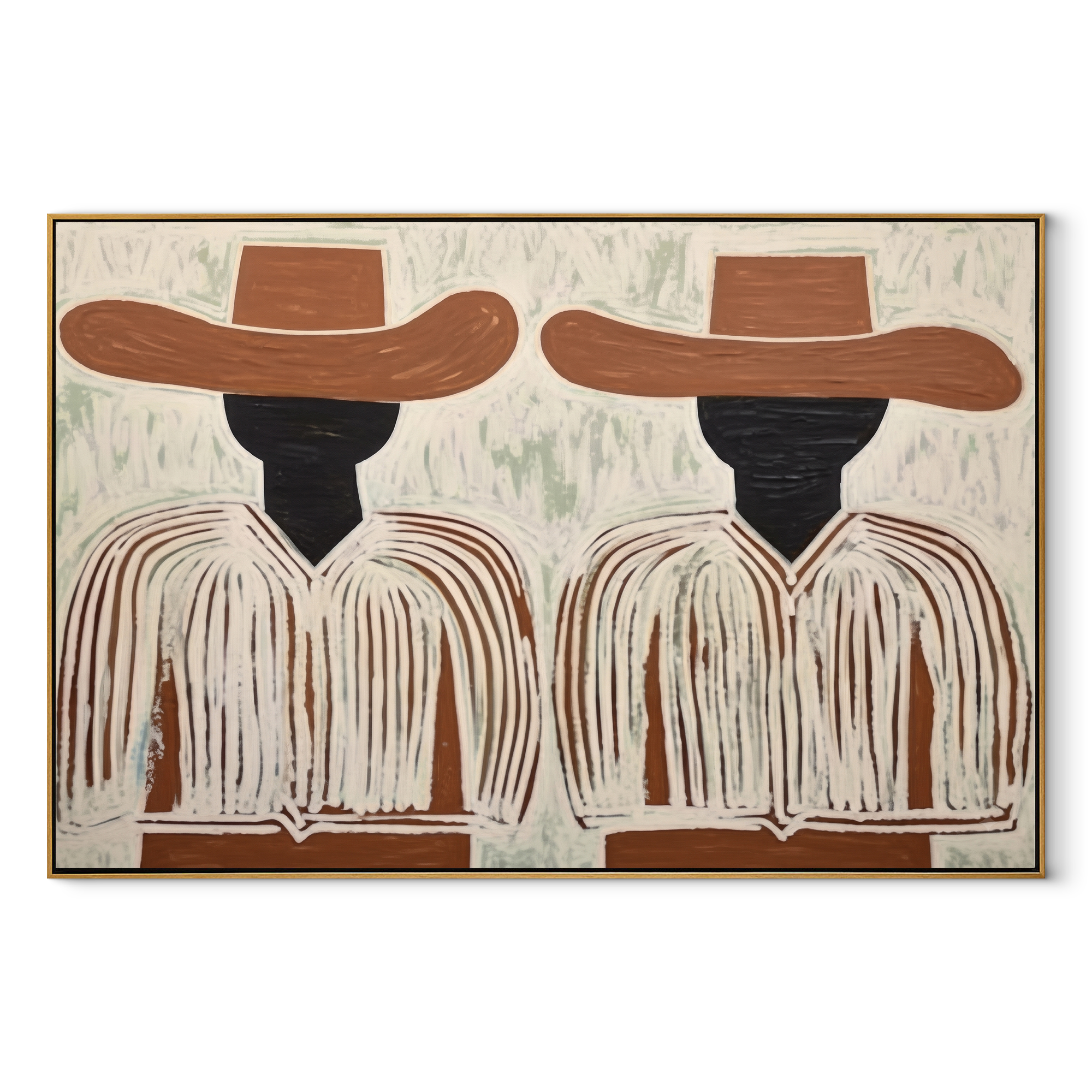 Brown Brims Hold Shadows - dark face figure pair painting by Elliot Vale, modern figurative horizontal wall art - wood frame on white background