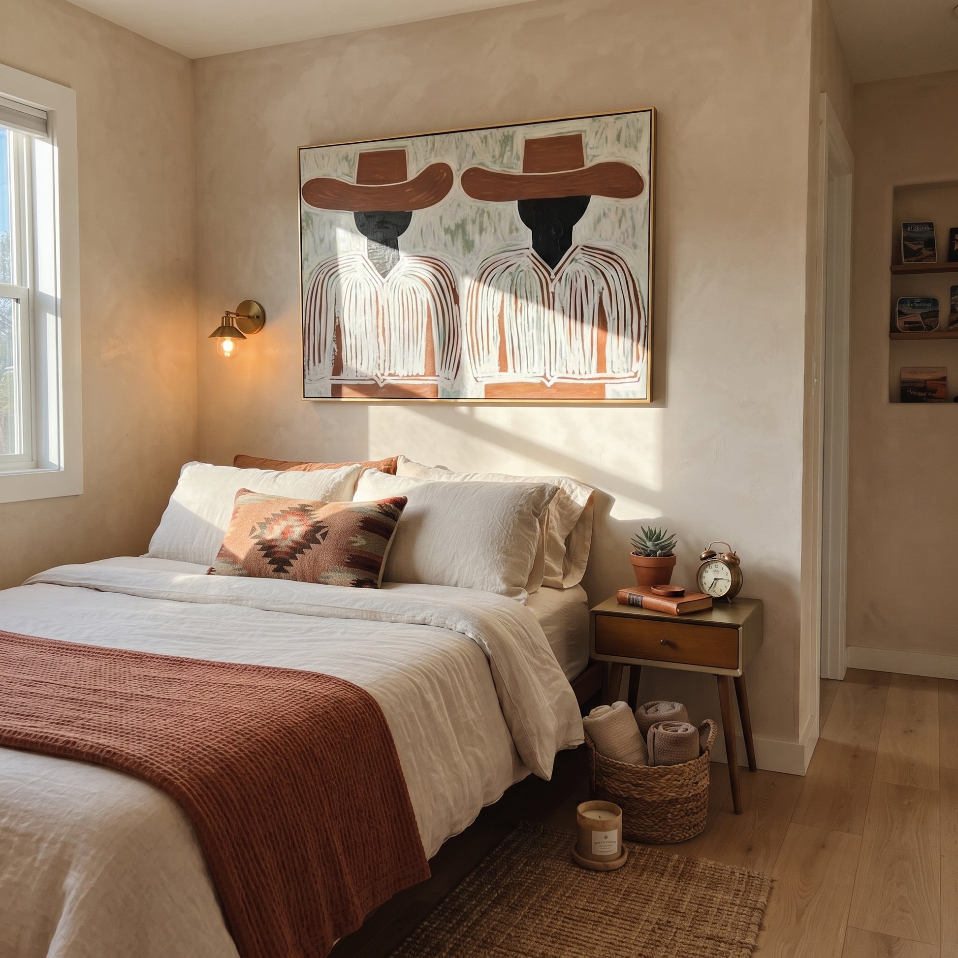 Brown Brims Hold Shadows - dark face figure pair painting by Elliot Vale, modern figurative horizontal wall art - styled room scene view 2
