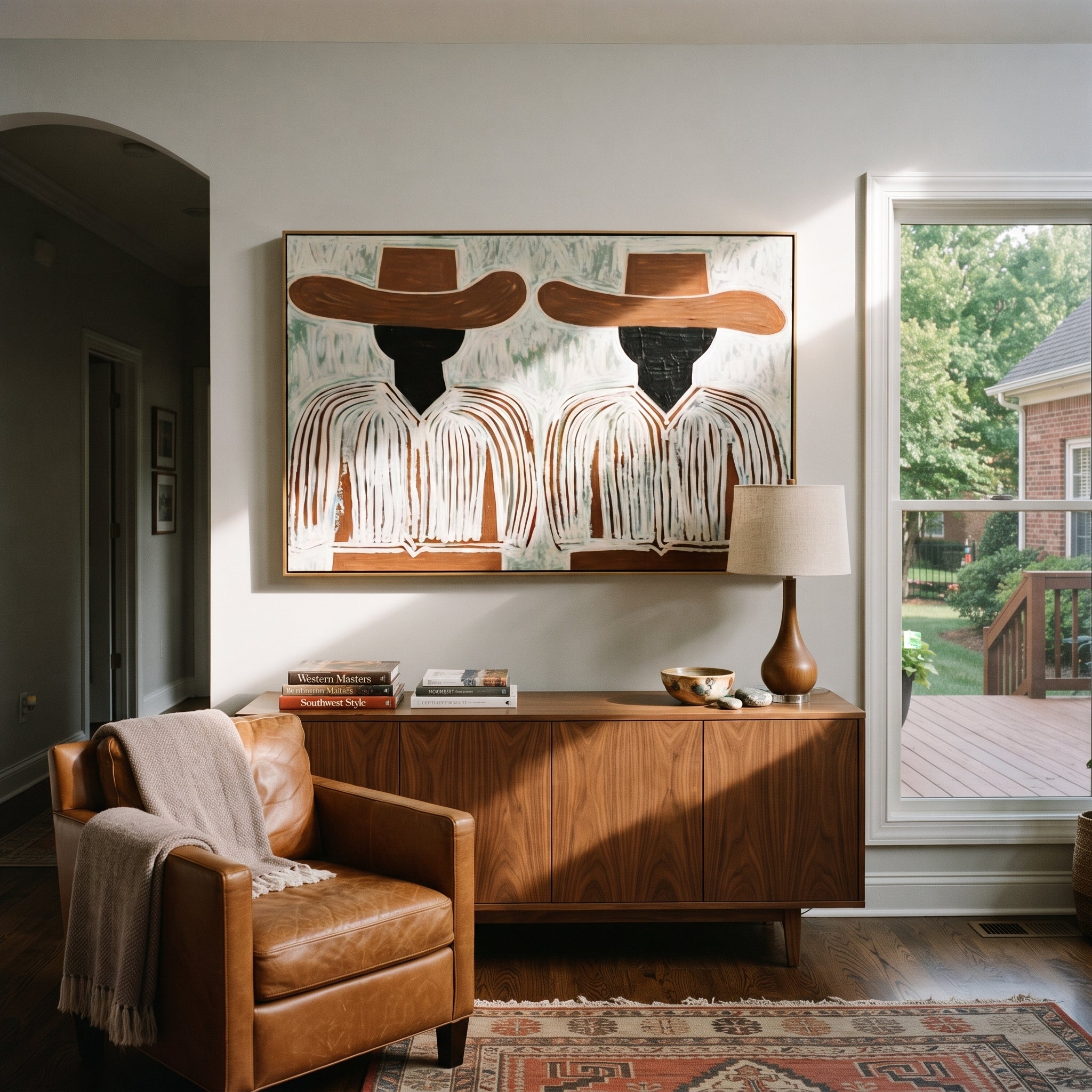 Brown Brims Hold Shadows - dark face figure pair painting by Elliot Vale, modern figurative horizontal wall art - styled room scene view 4