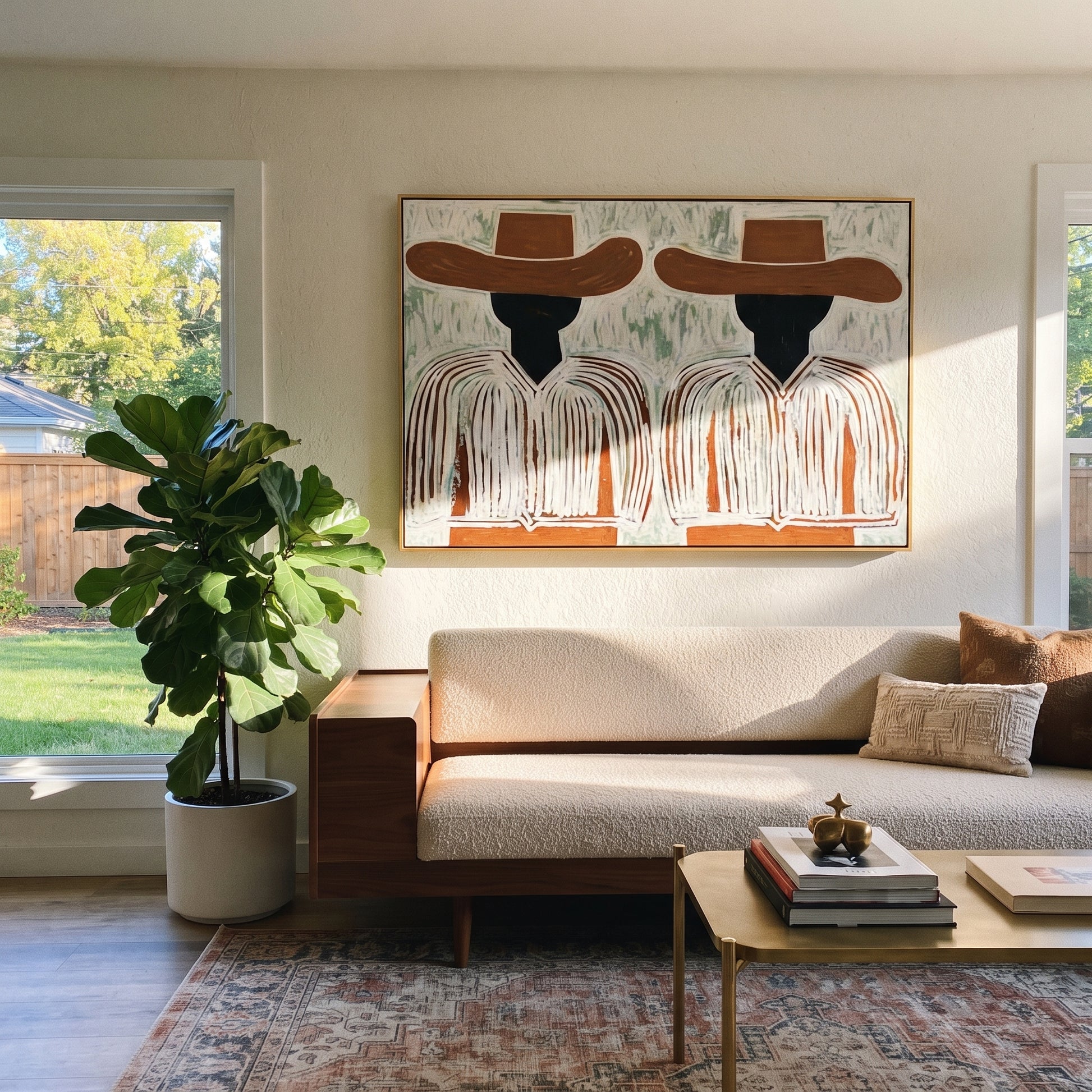 Brown Brims Hold Shadows - dark face figure pair painting by Elliot Vale, modern figurative horizontal wall art - styled room scene view 5