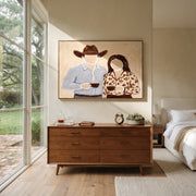 Two Cups Meet Home - couple coffee portrait painting by Elliot Vale, modern figurative horizontal wall art - styled room scene view 1