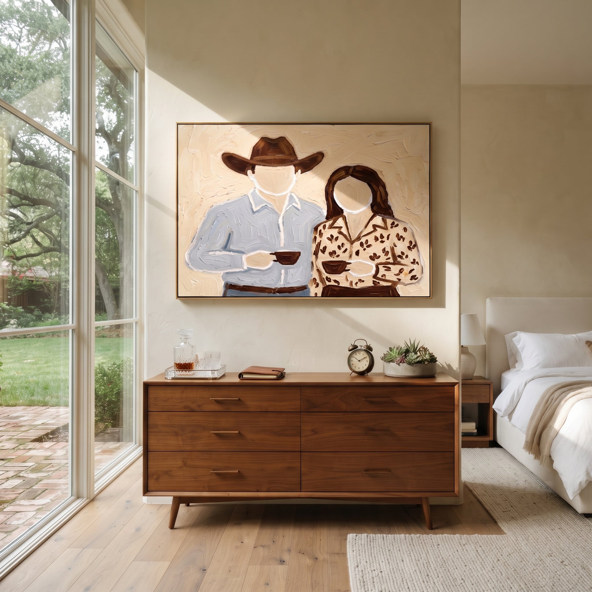 Two Cups Meet Home - couple coffee portrait painting by Elliot Vale, modern figurative horizontal wall art - styled room scene view 1